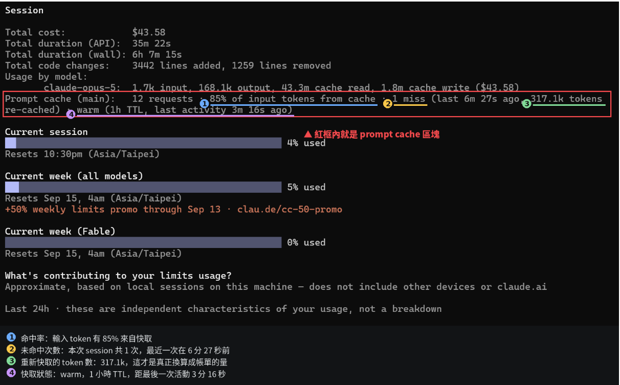 /cost 指令輸出中的 Prompt Cache 資訊