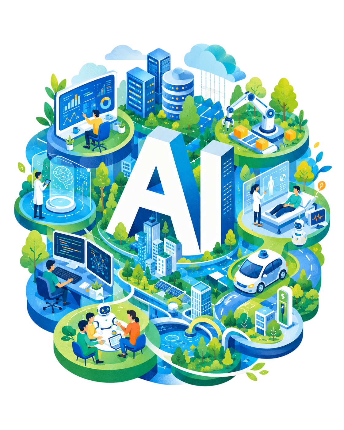 AI 未來城市與人工智慧應用插畫